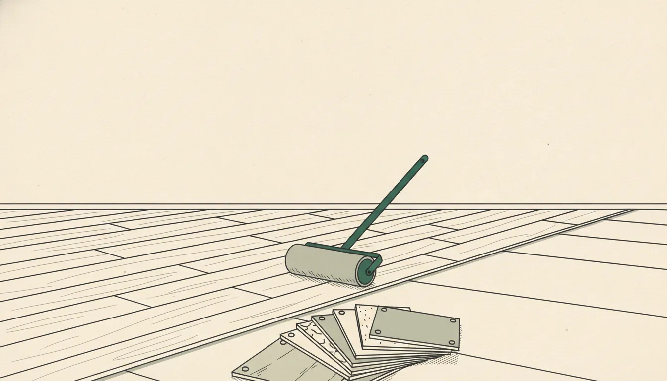 Flat ledger-style illustration of a showroom floor half-installed with a green flooring roller and sample swatches