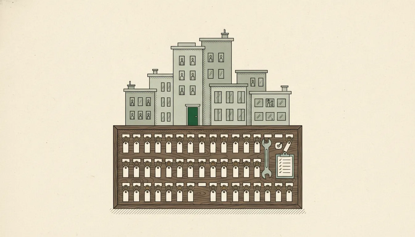 Flat ledger-style illustration of a key board with brass keyrings in front of buildings, one with a green door