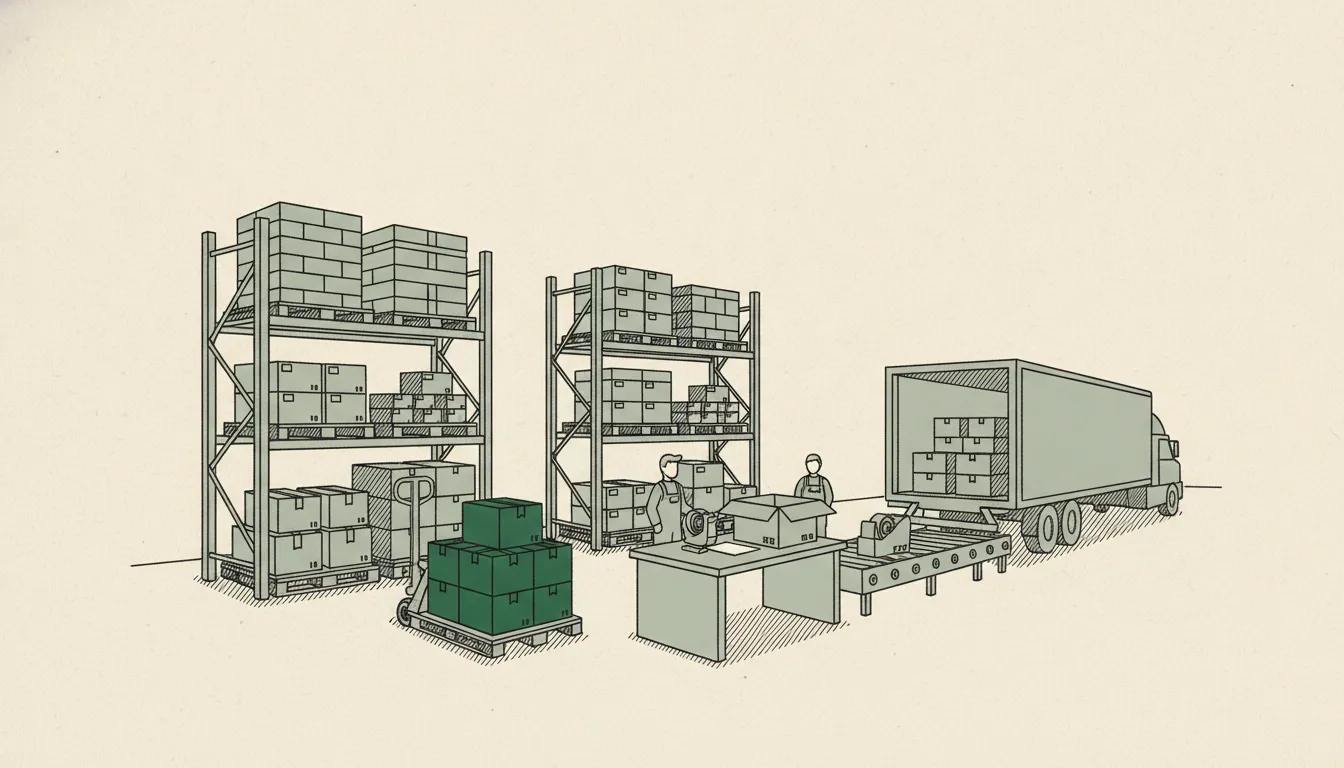 Flat ledger-style illustration of a fulfillment warehouse: pallet racking, a pallet jack, a packing bench and an open loading dock